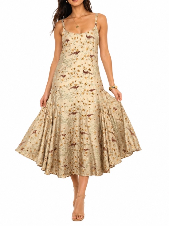 Krista Larson Dresses & Skirts - Beige Floral Midi Sundress with Adjustable Straps